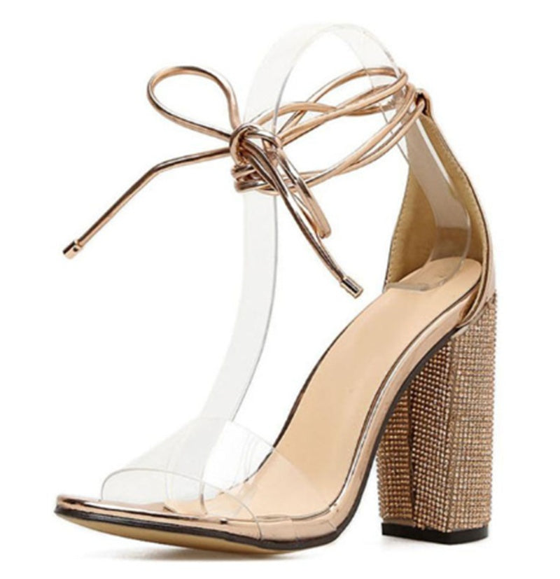 Suede Super High Heel Sandals - Rhinestone