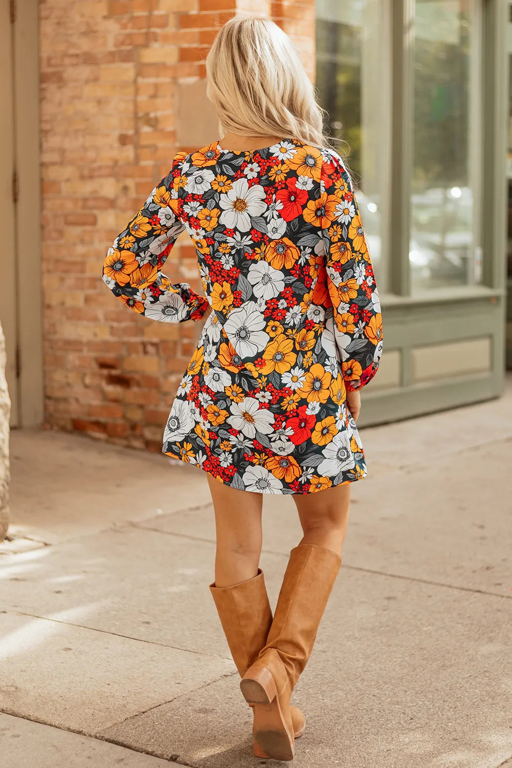 Floral Print Mini Dress - V-Neck Long Sleeve