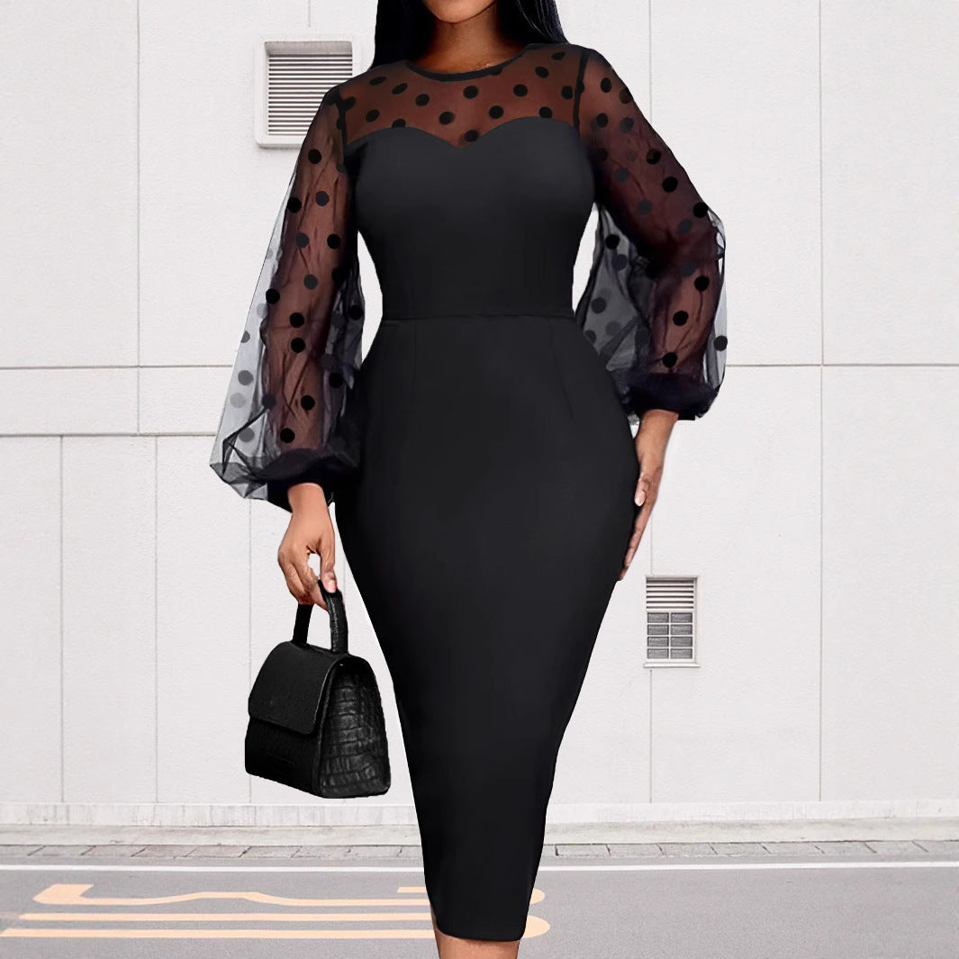 Women's Clothing Dot Mesh Patchwork Waist-slimming Sheath Long Sleeve Dress
