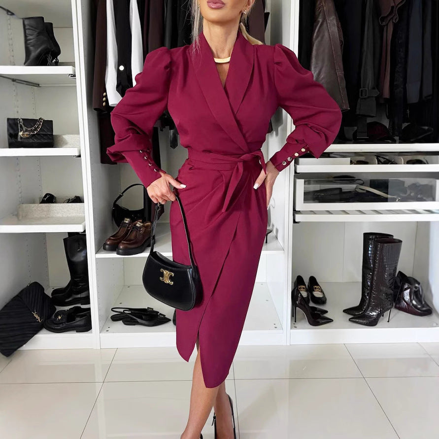 High Waist Long Sleeve Dress - Polyester