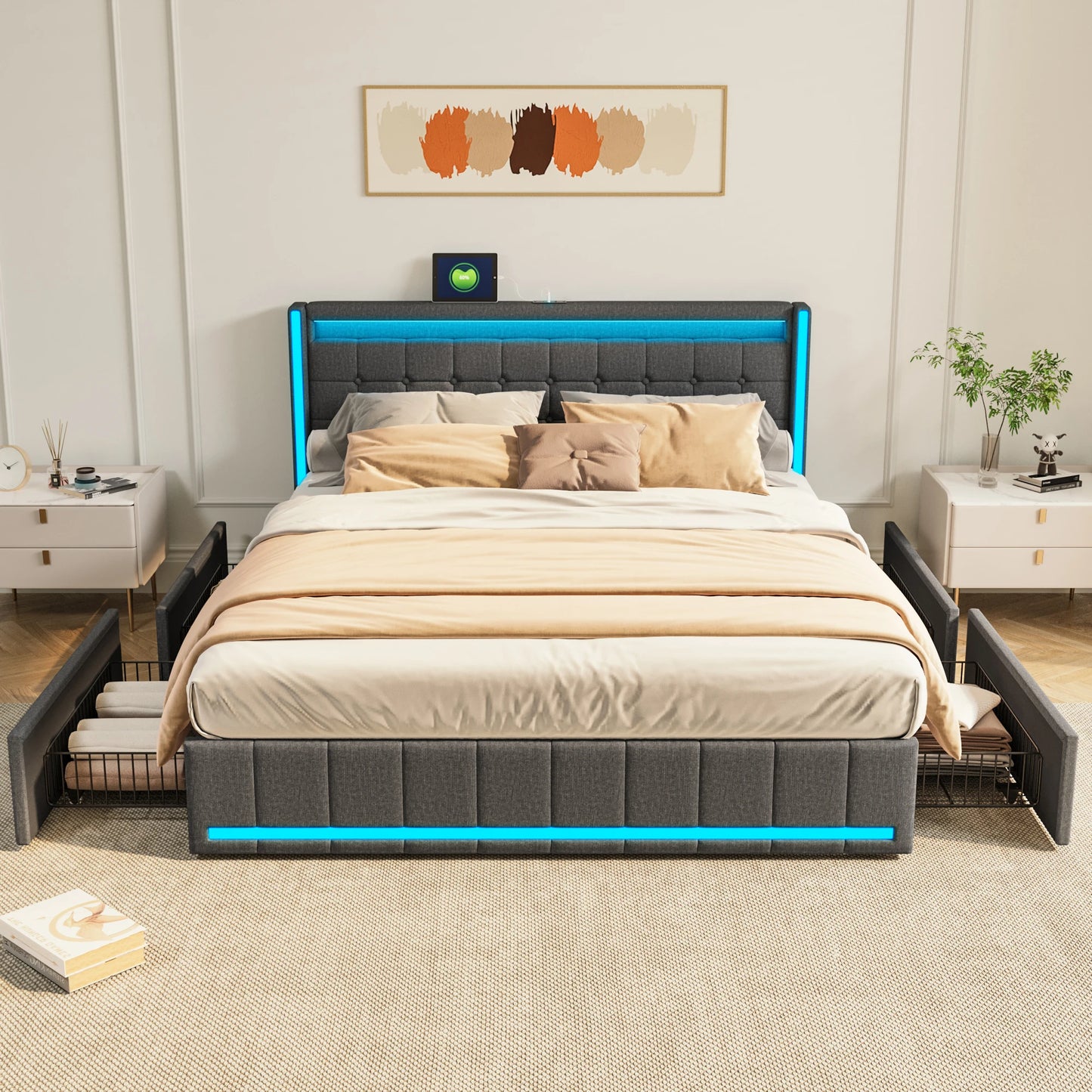 WoodenAura LED Bed Frame with Storage