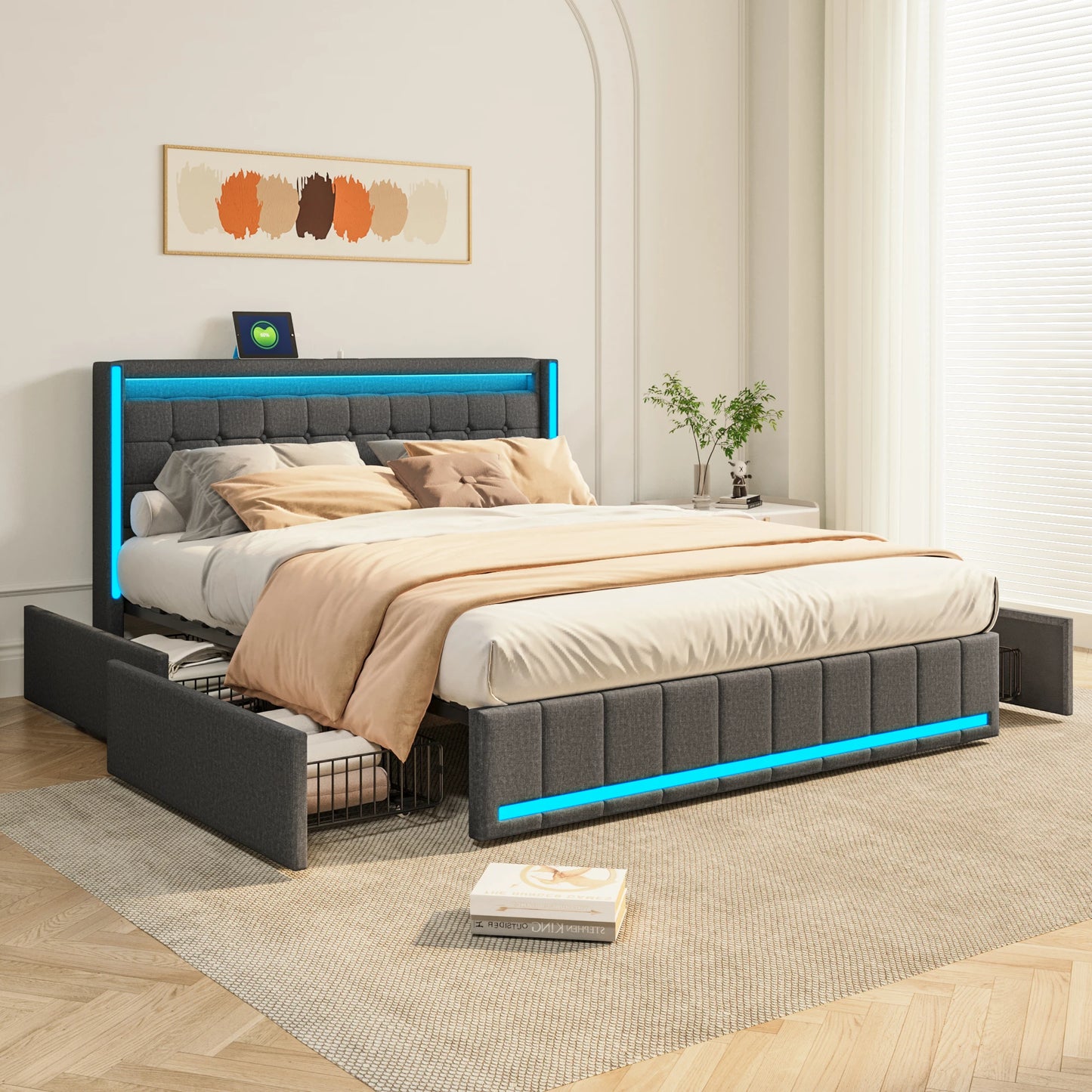 WoodenAura LED Bed Frame with Storage