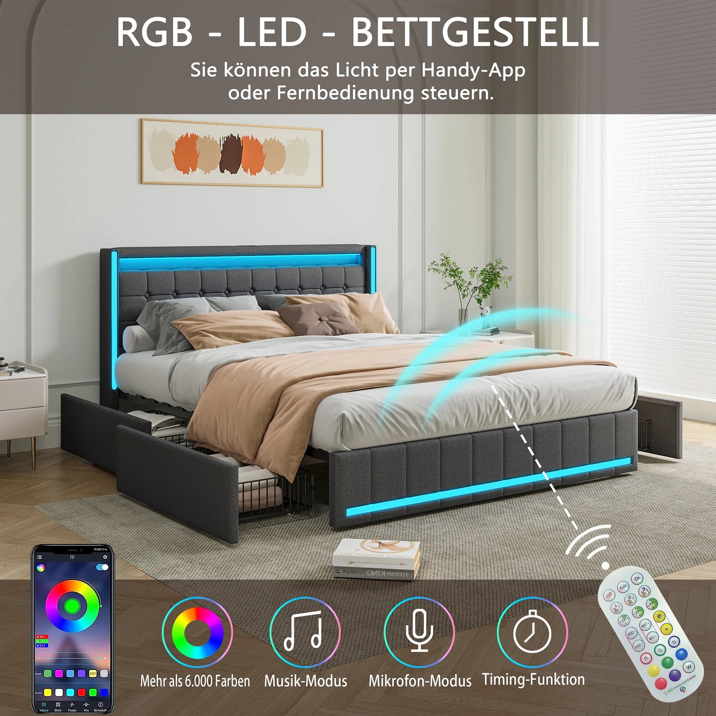 WoodenAura LED Bed Frame with Storage