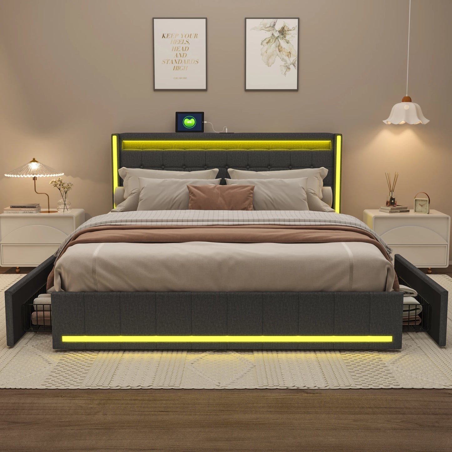 WoodenAura LED Bed Frame with Storage