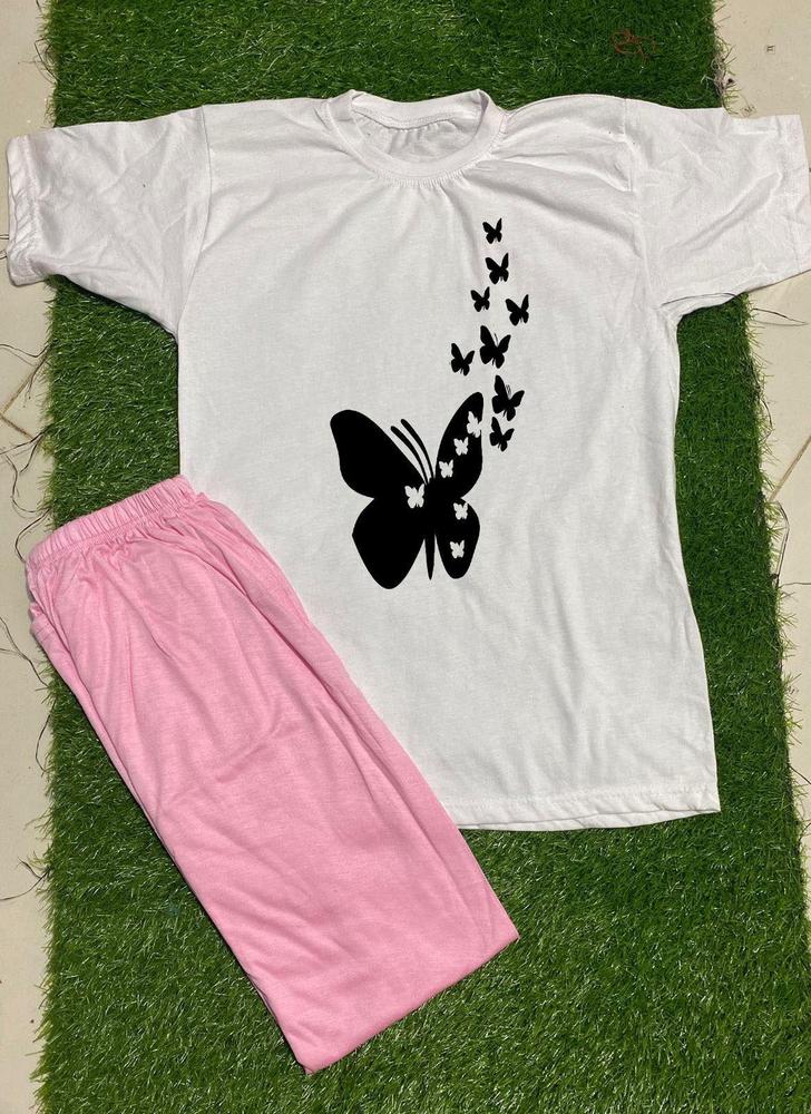 Cotton Jersey Night Suit - Pink Printed 2 Piece Sleepwear