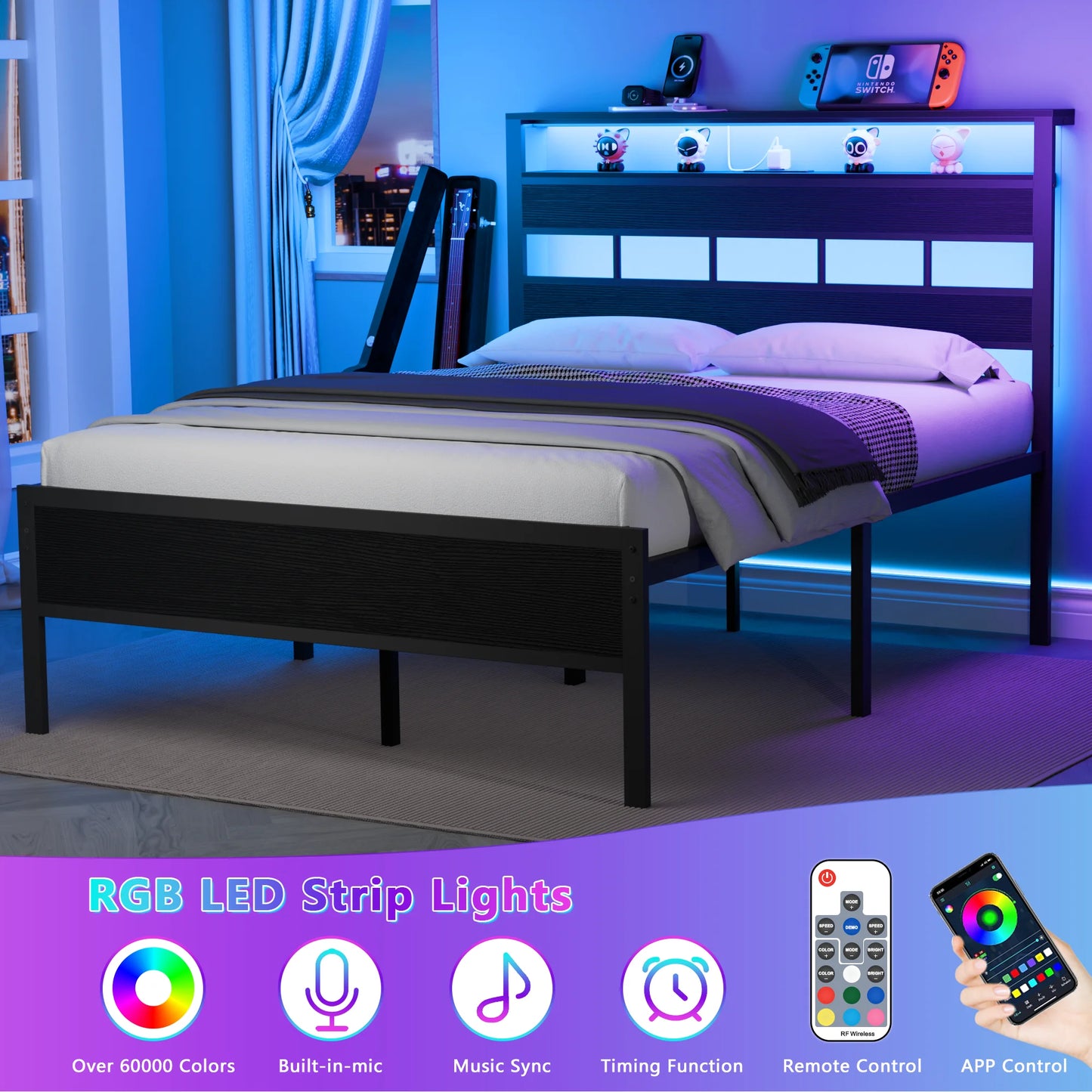Satifur Full/Queen Size Bed Frame with LED Light and Charging Station