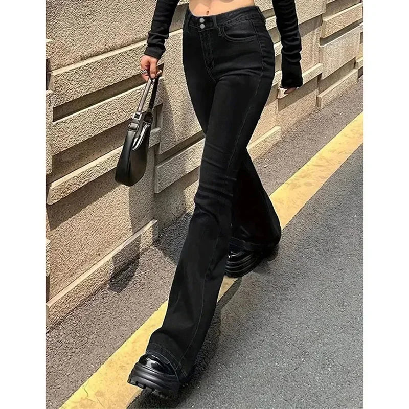 Women's Straight Denim Jeans - Mid Waist Distressed