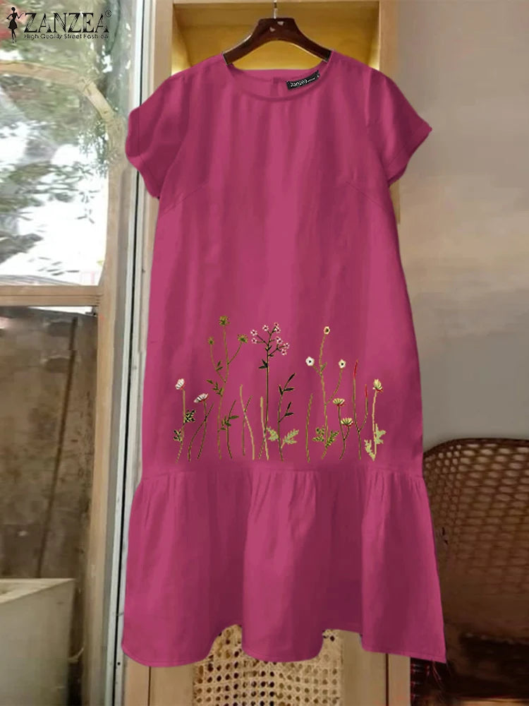 ZANZEA Floral Embroidery Dress - Short Sleeve