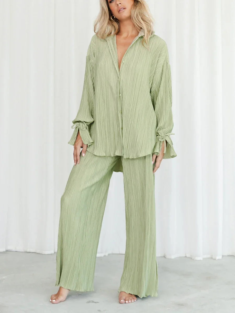 Women's Two-Piece Outfit - V-Neck Top & Wide Leg Pants