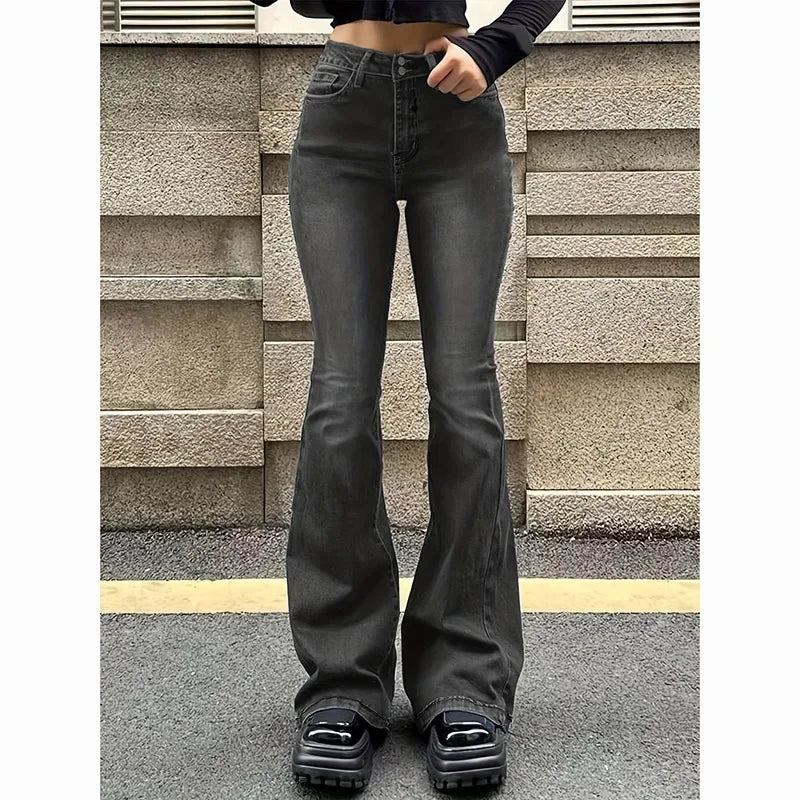 Women's Straight Denim Jeans - Mid Waist Distressed