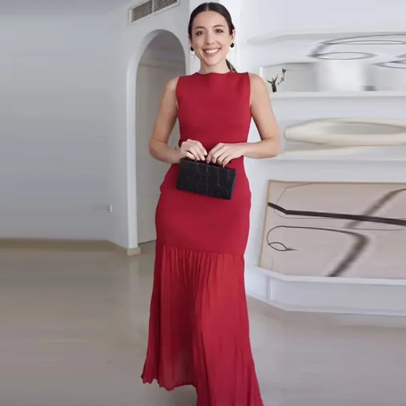 HXAO Women's Red Knit Dress - Sleeveless Summer Ankle-Length
