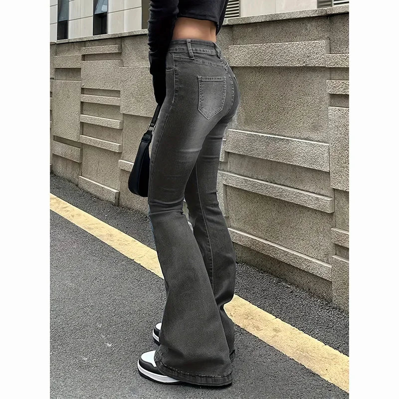 Women's Straight Denim Jeans - Mid Waist Distressed