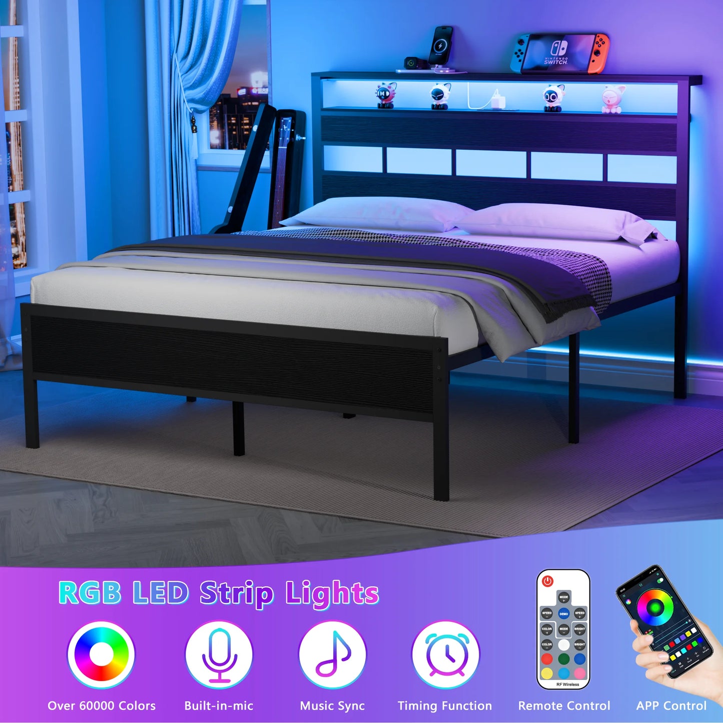 Satifur Full/Queen Size Bed Frame with LED Light and Charging Station