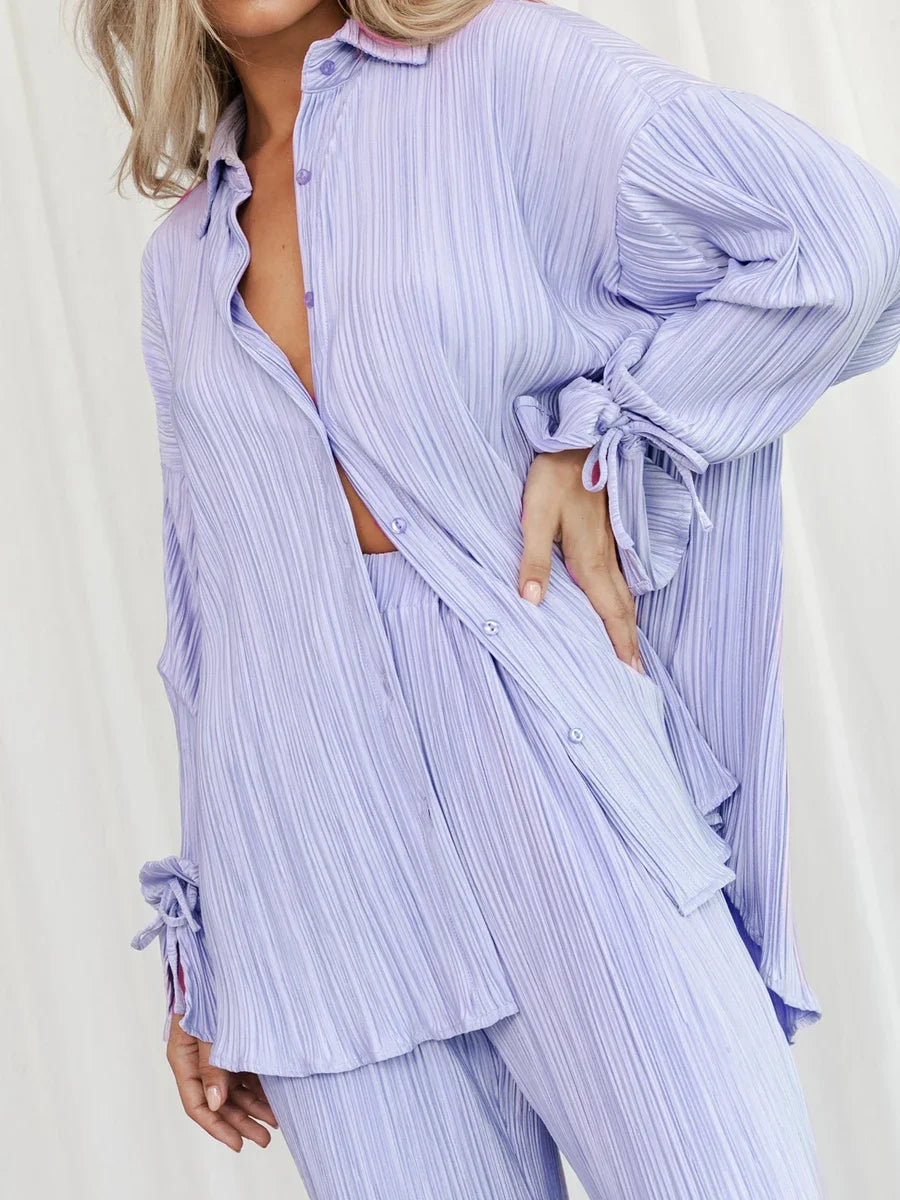 Women's Two-Piece Outfit - V-Neck Top & Wide Leg Pants