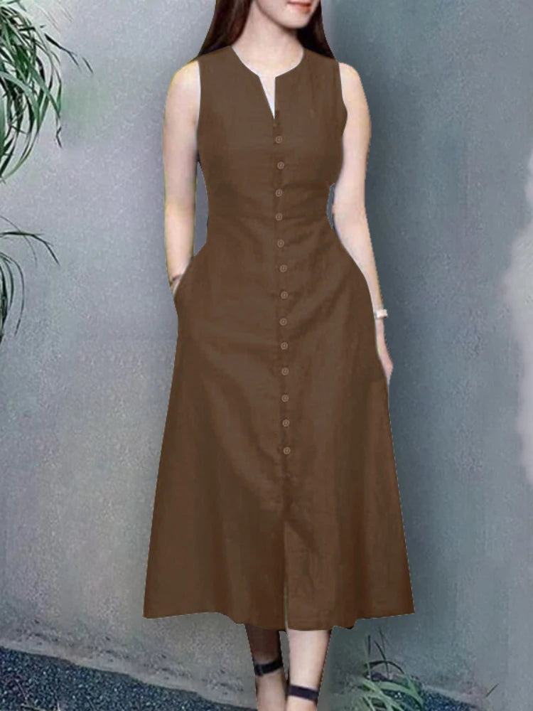 Women's V-Neck Sleeveless A-Line Dress - Office & Casual Wear