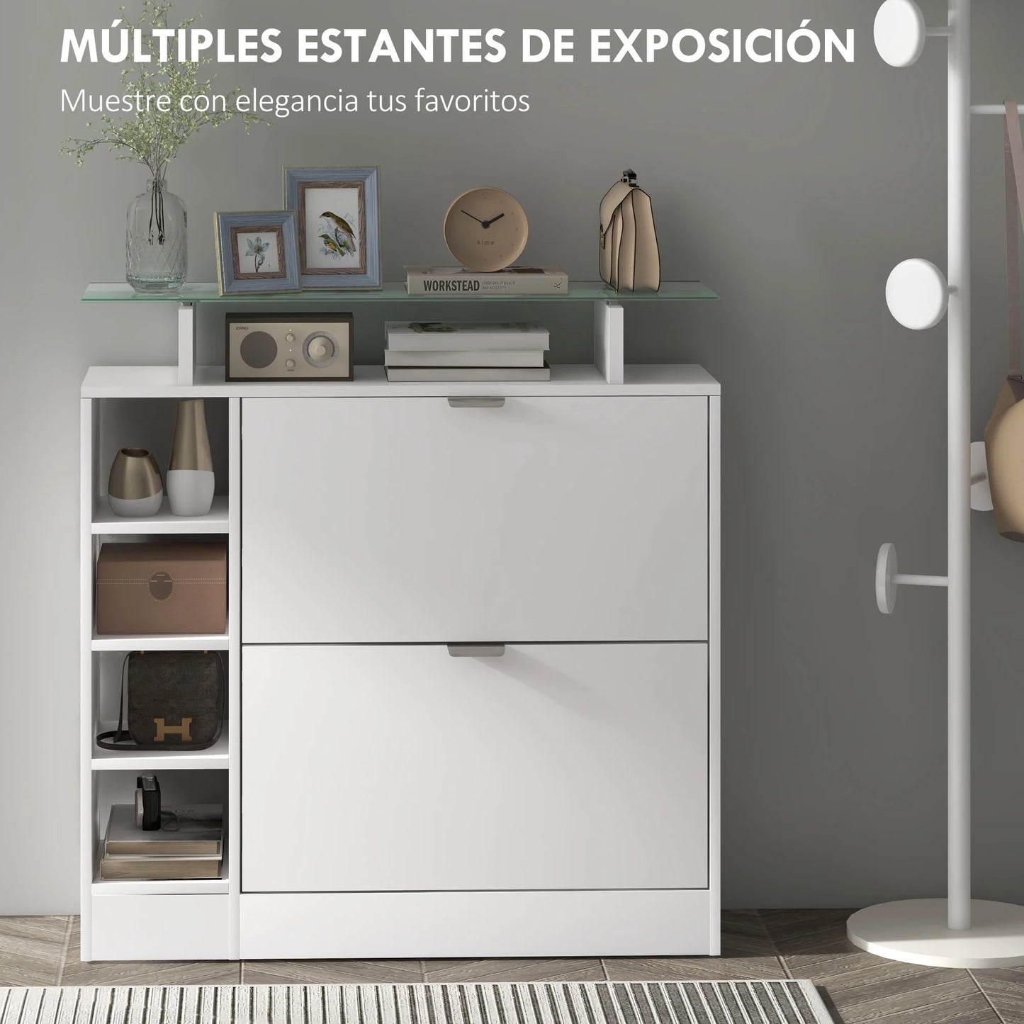 HOMCOM shoe rack with drawers folding adjustable shelves 89x25x92 cm White