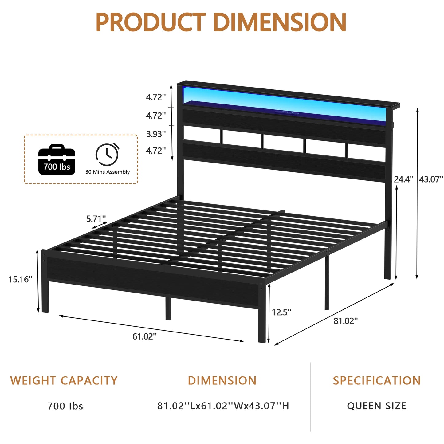 Satifur Full/Queen Size Bed Frame with LED Light and Charging Station
