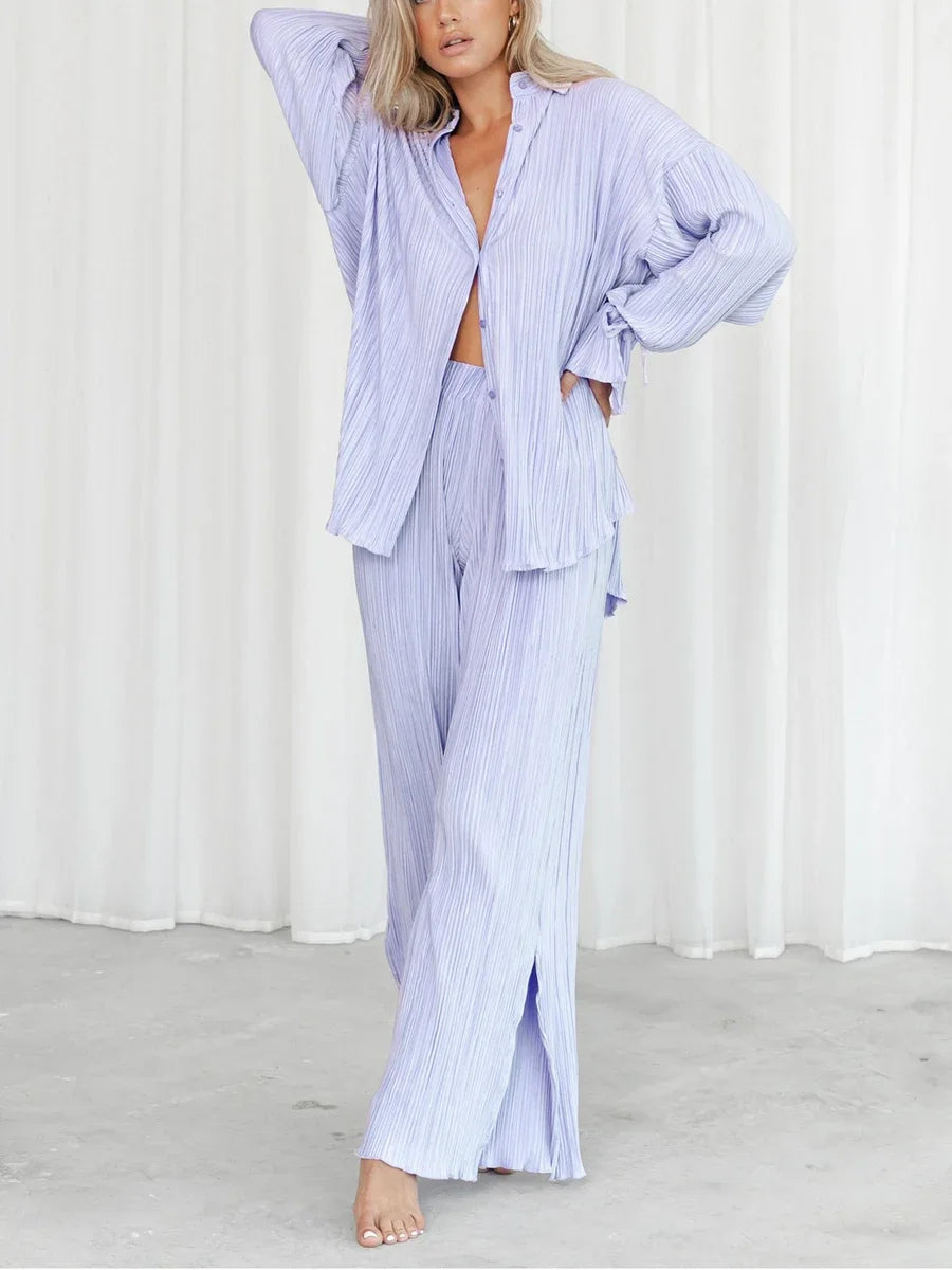 Women's Two-Piece Outfit - V-Neck Top & Wide Leg Pants