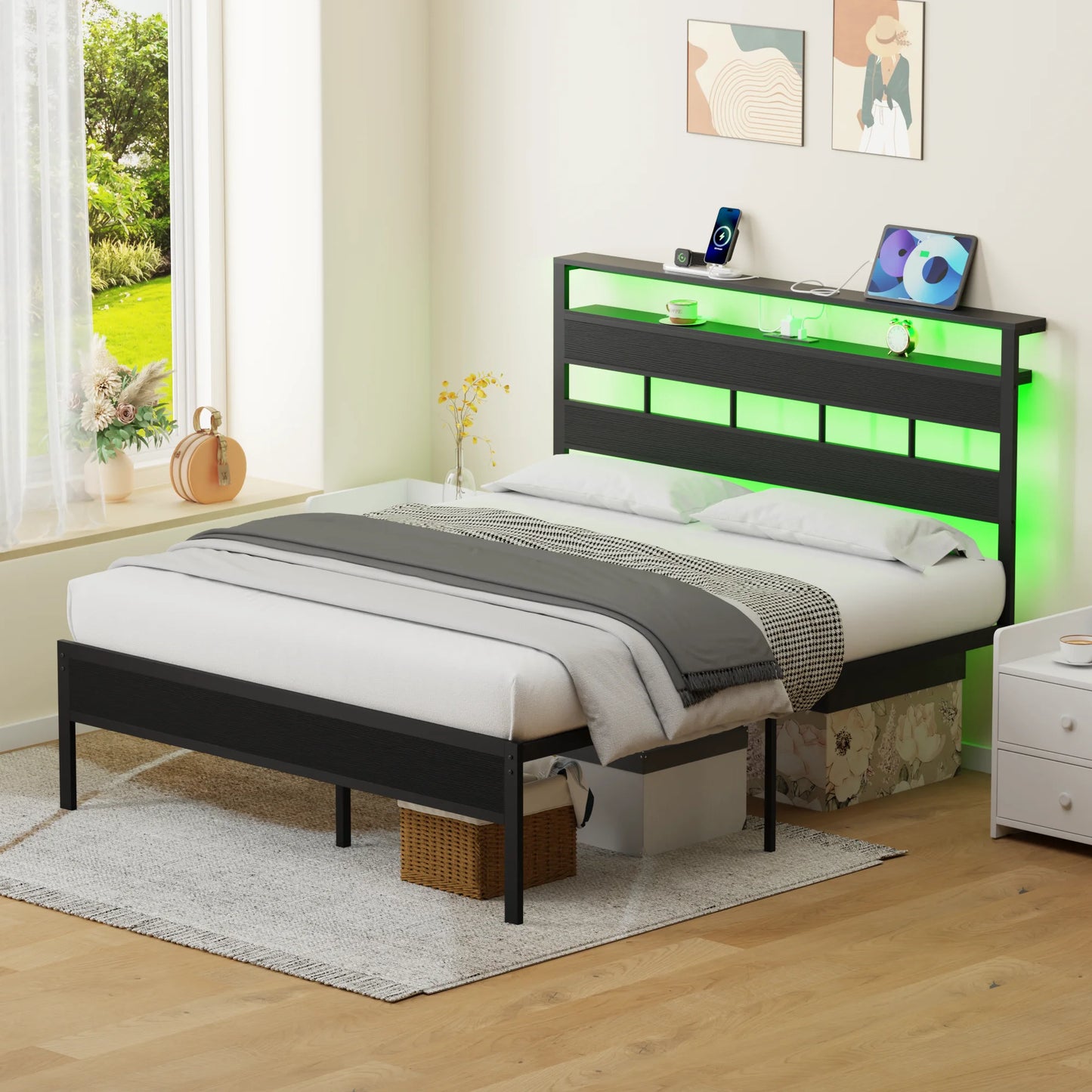 Satifur Full/Queen Size Bed Frame with LED Light and Charging Station