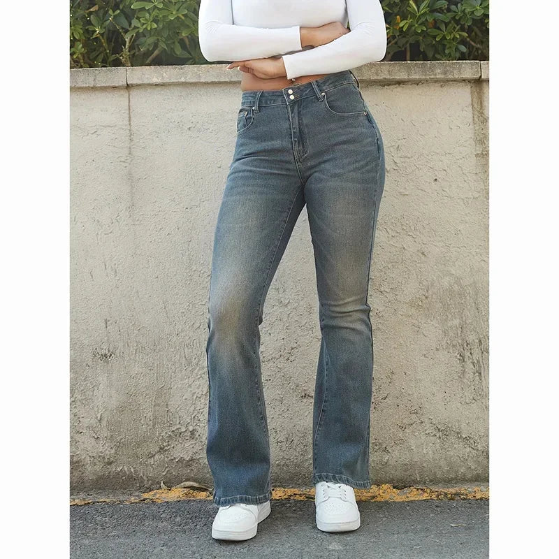 Women's Straight Denim Jeans - Mid Waist Distressed