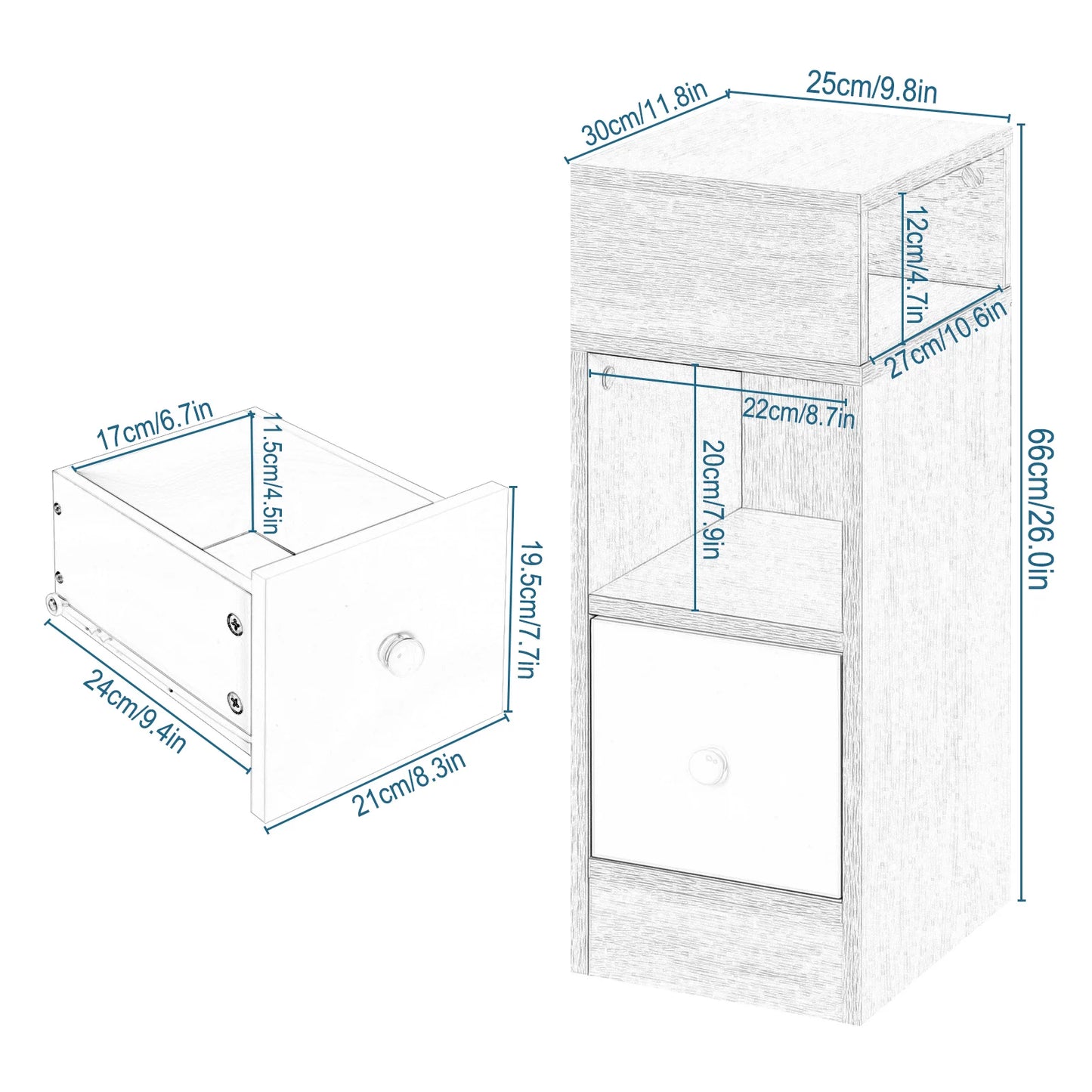 WOLTU 2PCS Narrow Bedside Table Nightstand with Open Shelves