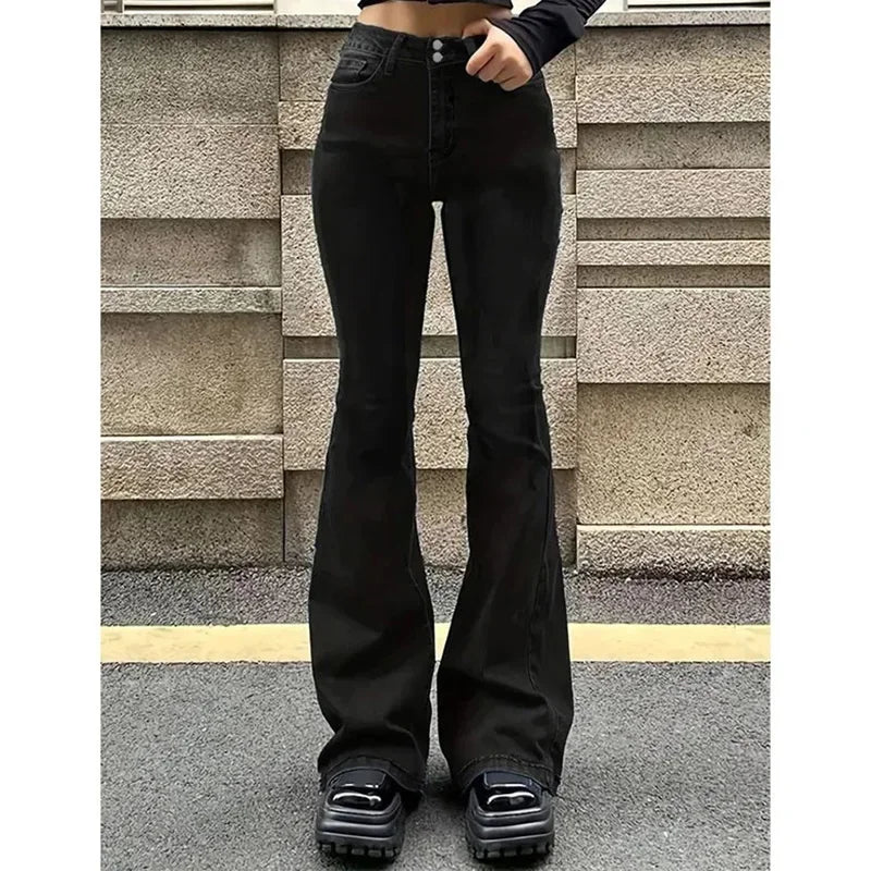 Women's Straight Denim Jeans - Mid Waist Distressed