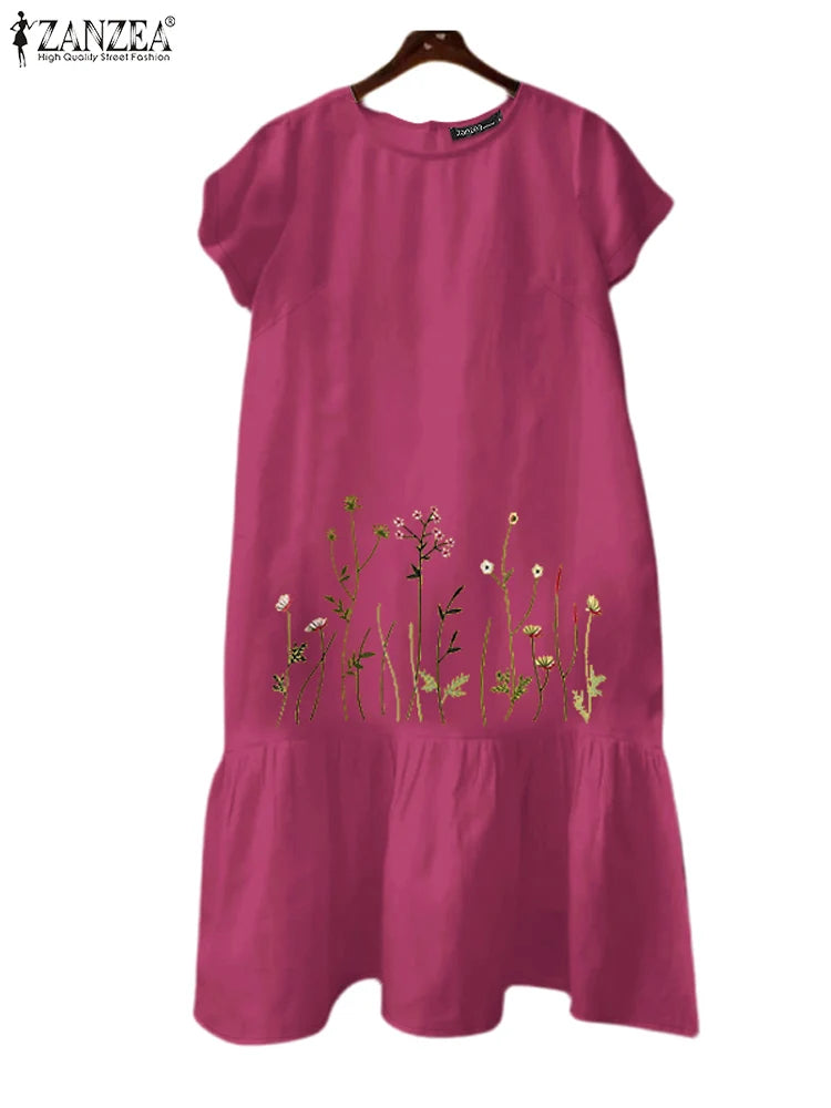 ZANZEA Floral Embroidery Dress - Short Sleeve