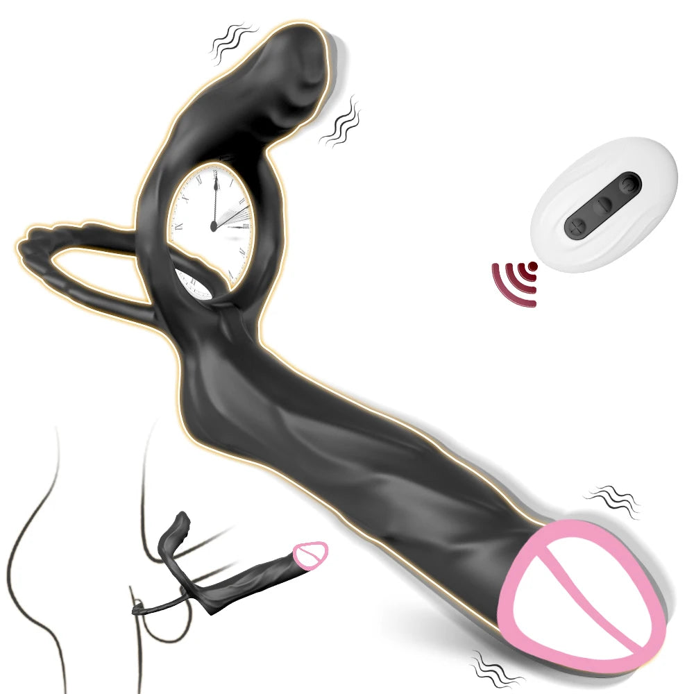 Double Penetration Dildo for Men Vibrating Cock Ring