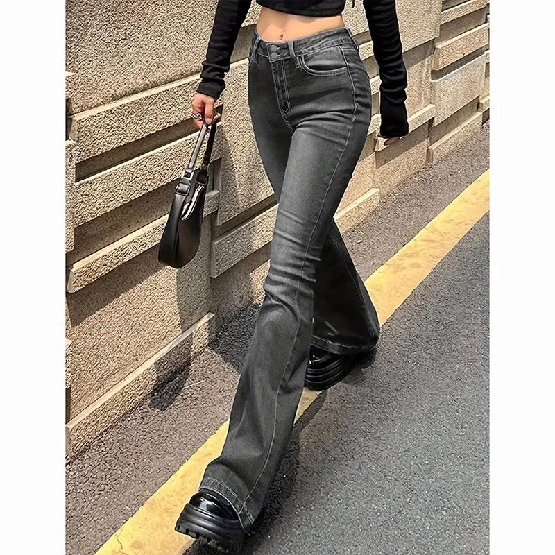 Women's Straight Denim Jeans - Mid Waist Distressed