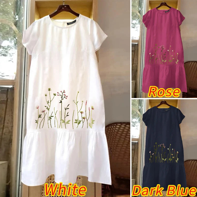 ZANZEA Floral Embroidery Dress - Short Sleeve