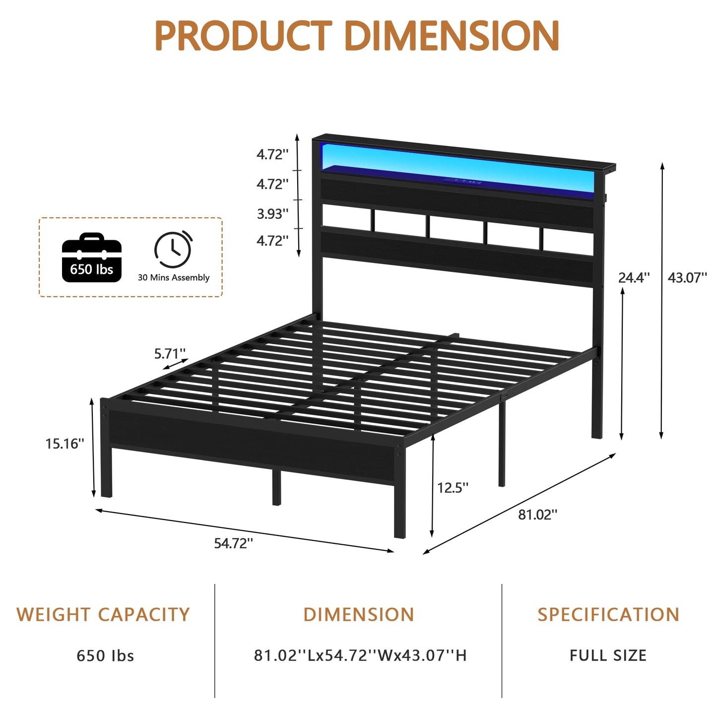 Satifur Full/Queen Size Bed Frame with LED Light and Charging Station