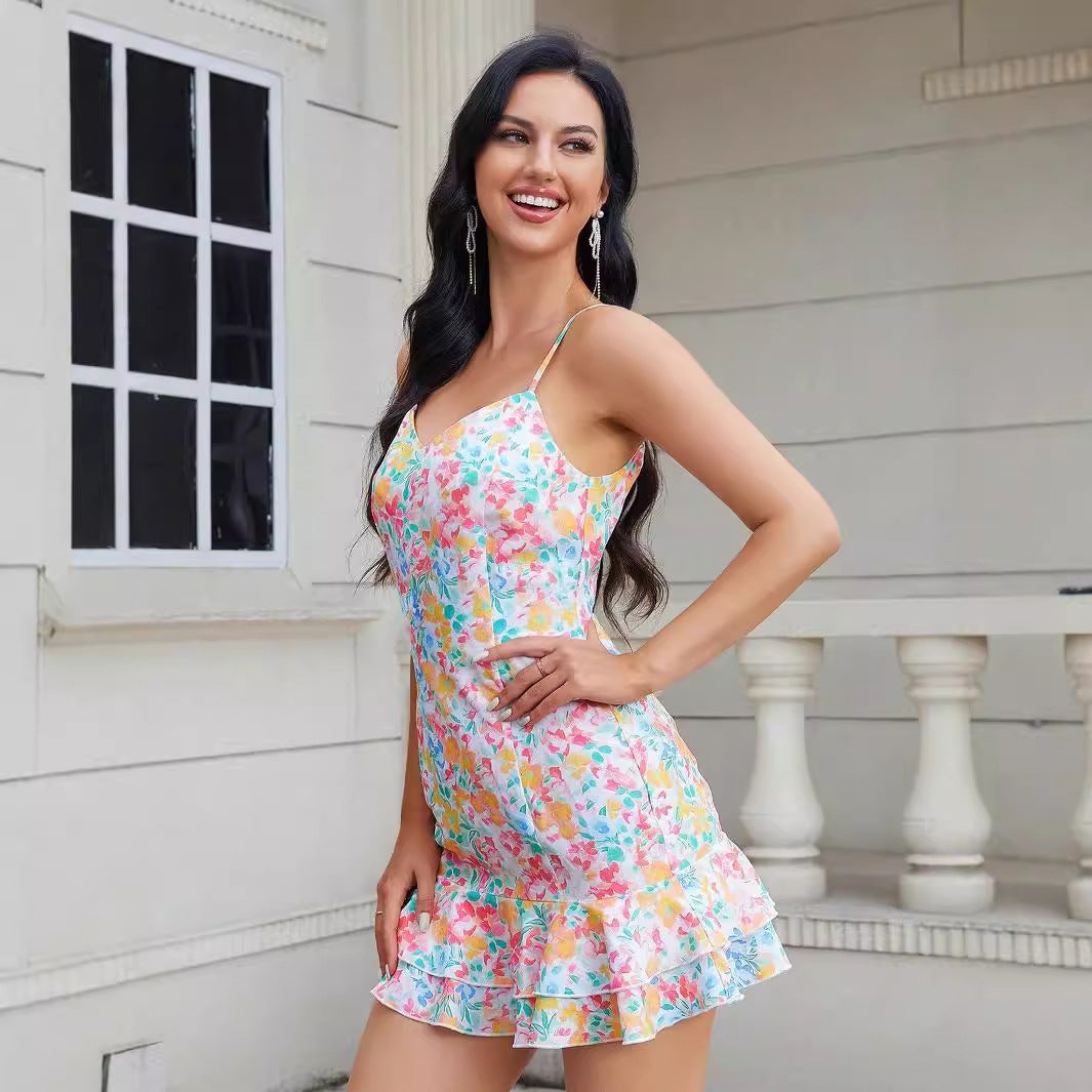 Women's Short Skirt Spaghetti-strap Ruffle Stitching Printing Backless Dress