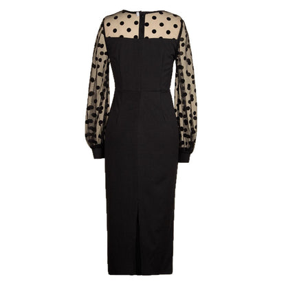 Women's Clothing Dot Mesh Patchwork Waist-slimming Sheath Long Sleeve Dress