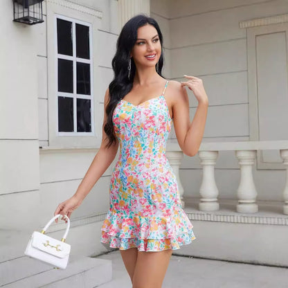 Women's Short Skirt Spaghetti-strap Ruffle Stitching Printing Backless Dress