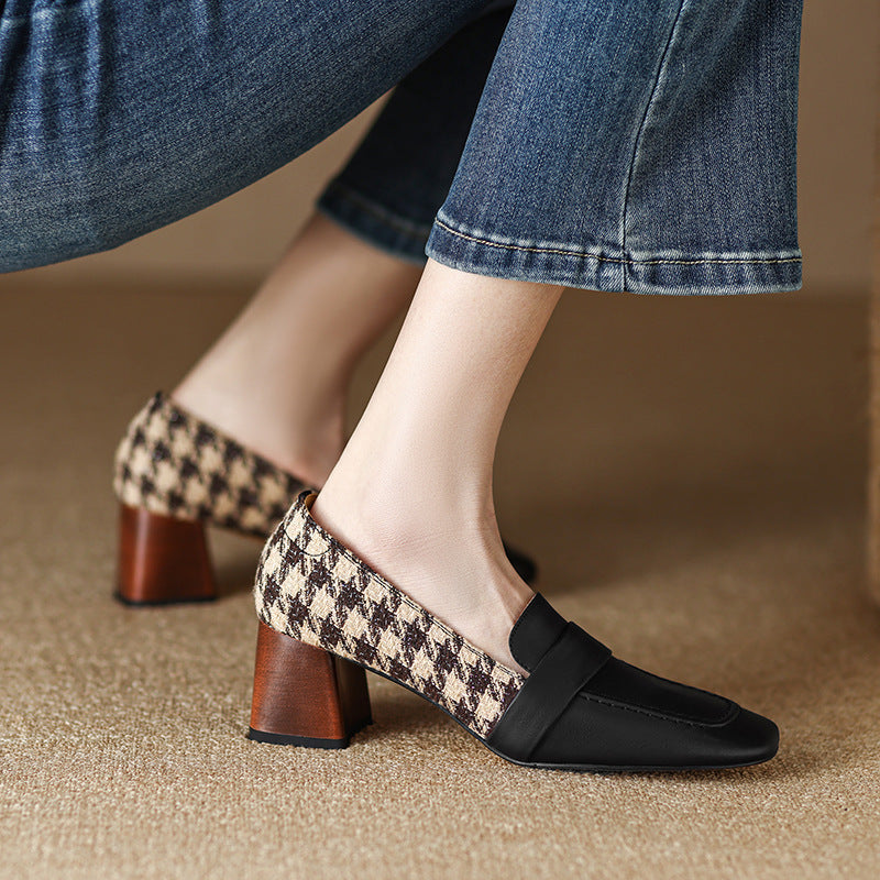 Chunky Heel Square Toe Shoes - Cloth