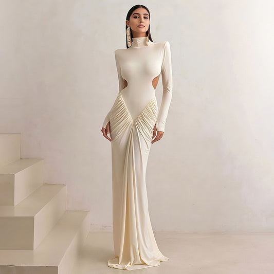Long Sleeve High Collar Temperament Slim Fit Pleated Backless Dress