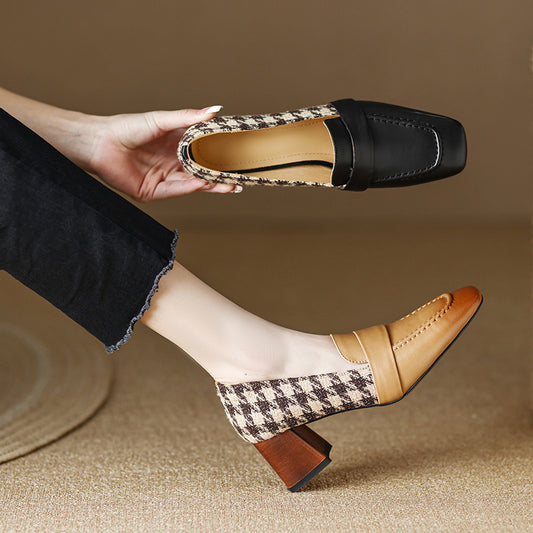 Chunky Heel Square Toe Shoes - Cloth