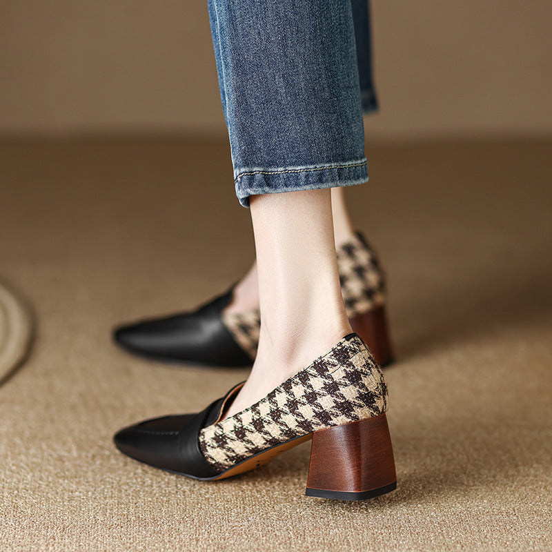 Chunky Heel Square Toe Shoes - Cloth