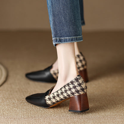 Chunky Heel Square Toe Shoes - Cloth