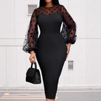 Women's Clothing Dot Mesh Patchwork Waist-slimming Sheath Long Sleeve Dress The Max Mall