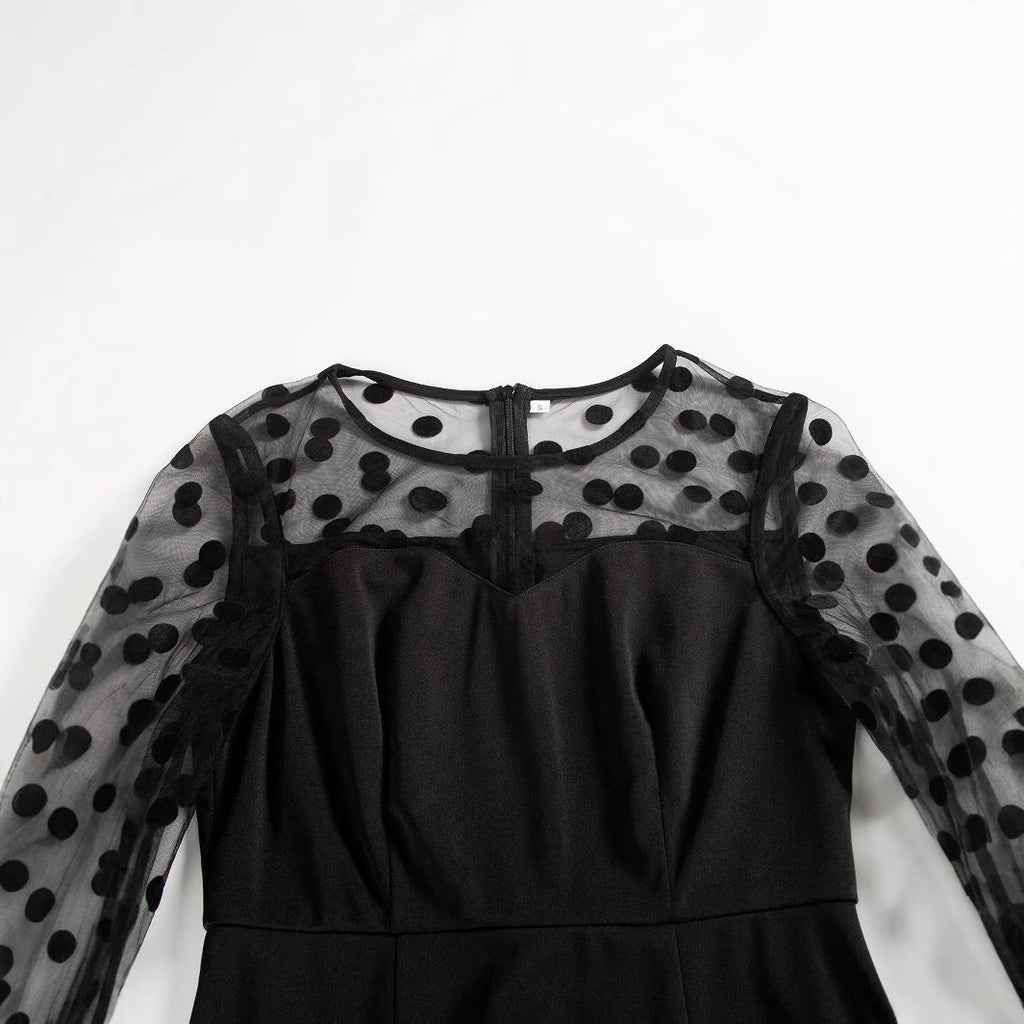 Women's Clothing Dot Mesh Patchwork Waist-slimming Sheath Long Sleeve Dress The Max Mall