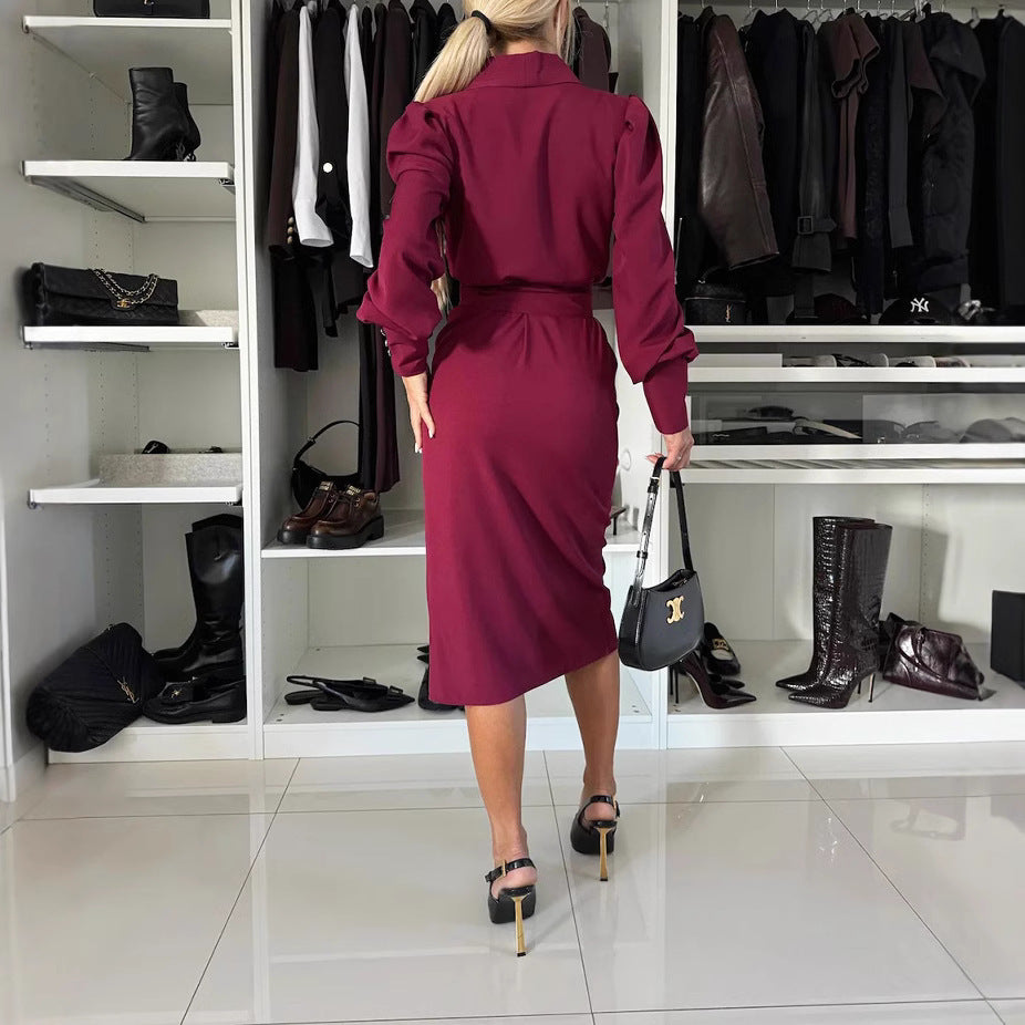 High Waist Long Sleeve Dress - Polyester