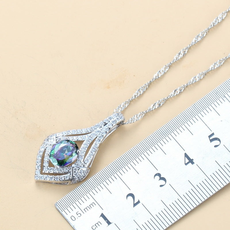 Inlaid Gemstone Pendant Earrings Necklace And Ring For Women 4 PCs Set The Max Mall