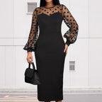 Women's Clothing Dot Mesh Patchwork Waist-slimming Sheath Long Sleeve Dress The Max Mall