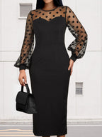 Women's Clothing Dot Mesh Patchwork Waist-slimming Sheath Long Sleeve Dress The Max Mall