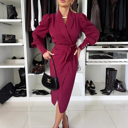 High Waist Long Sleeve Dress - Polyester