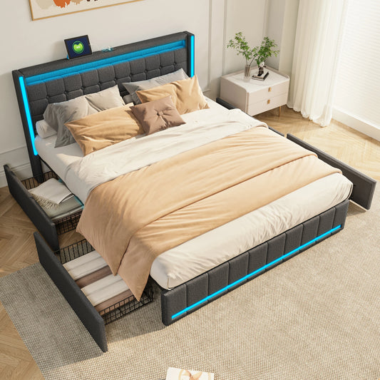 WoodenAura LED Bed Frame with Storage