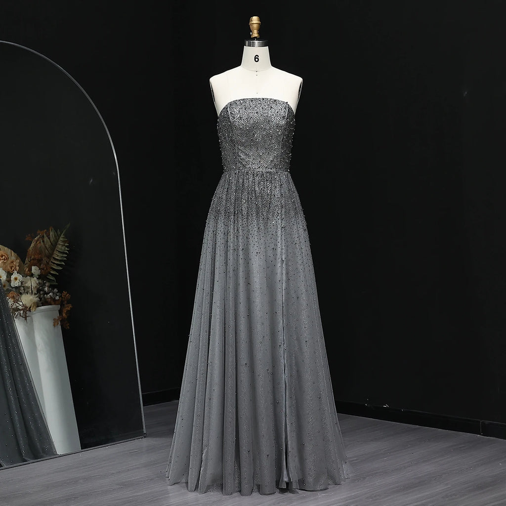 Sharon Said Glamorous Beaded Brown Gray Memaid Evening Gown