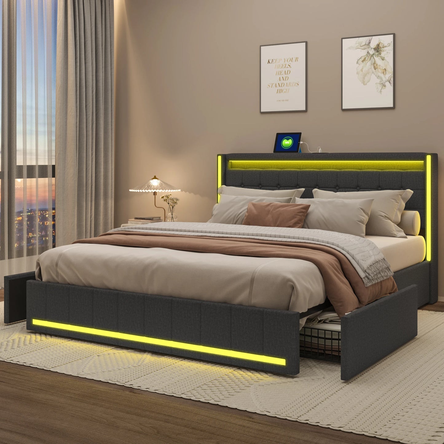 WoodenAura LED Bed Frame with Storage