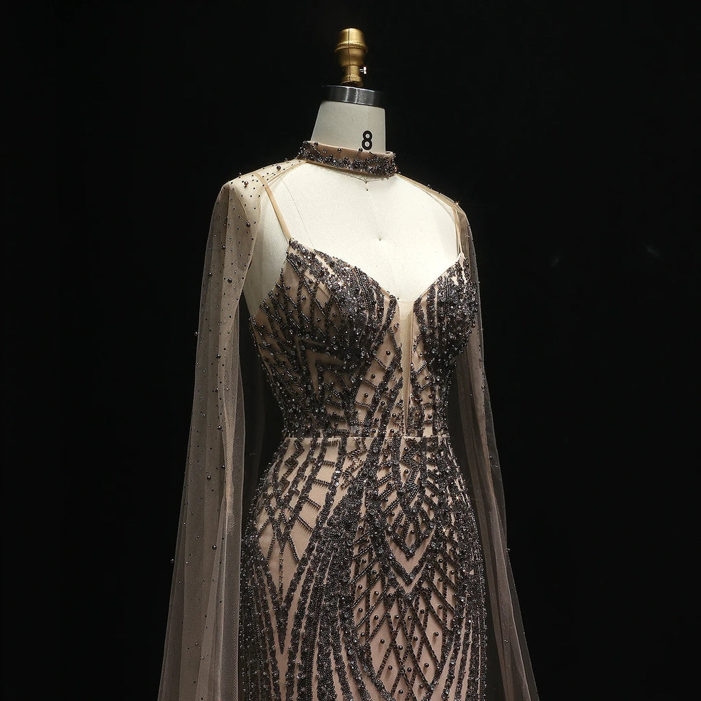 Sharon Said Glamorous Beaded Brown Gray Memaid Evening Gown